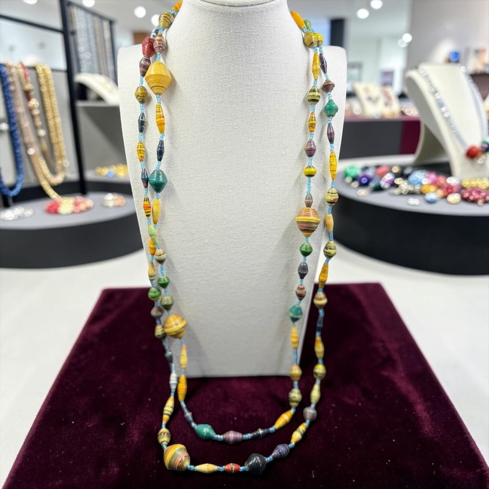 Long Paper Bead Necklace Boho Artisan Festival Cottagecore Whimsical Layered‎